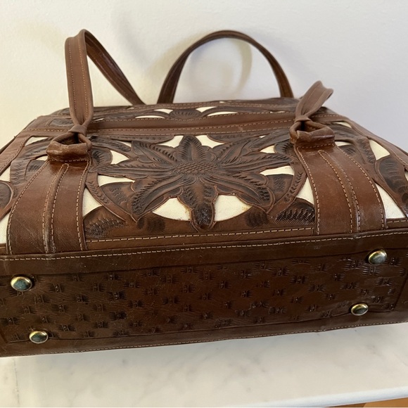 Vintage Tooled Leather Top Handle Purse Bag Chocolate Brown & White Two Tone - Picture 13 of 16